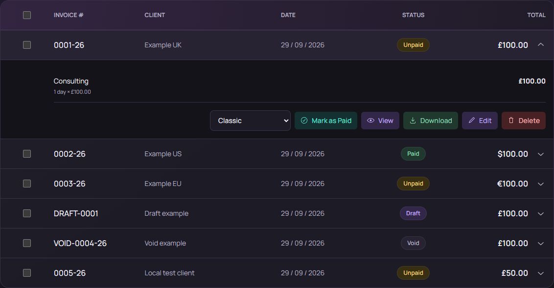 Actual Invoice History with an expanded invoice: Consulting line item, Mark as Paid, View, Download and Edit controls, plus paid, unpaid, draft and void statuses.